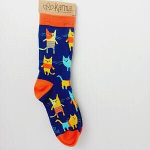 Women Boy Sock Crew Karma Cat Kitty Kitten Orange Yellow Cotton Gift NWT NEW
